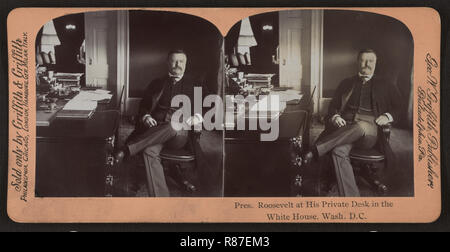 Präsident Theodore Roosevelt an seinem eigenen Schreibtisch im Weißen Haus, Washington DC, USA, Stereo Karte, George W. Griffith, Verlag, 1903 Stockfoto