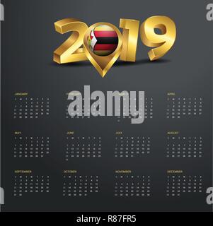 2019 Vorlage Kalender. Simbabwe Land Karte Golden Typografie Header Stock Vektor