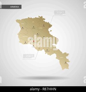 Stylized vector Armenien Karte. Infografik 3d Gold Karte Abbildung mit Städten, Ländergrenzen, Kapital, administrative divisions und Zeiger markiert, Schatten; Stock Vektor