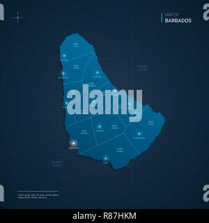 Vektor Barbados Karte Abbildung mit blauen Neon lightpoints-Dreieck auf dunkelblauem Hintergrund Farbverlauf. Administrative Divisions Stock Vektor