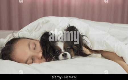 Schöne jugendlich Mädchen süß schlafen im Bett mit Papillon dog Stockfoto