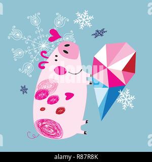 Gruß Weihnachtskarte mit einem Schwein in der Liebe auf einem blauen Hintergrund mit Schneeflocken Stock Vektor