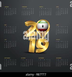 2019 Vorlage Kalender. Golden Typografie mit Somaliland Land Karte Golden Typografie Header Stock Vektor