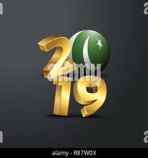 2019 Goldene Typografie mit Pakistan Flagge. Frohes Neues Jahr Schriftzug Stock Vektor