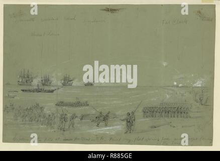 Erfassen des Forts am Cape Hatteras Inlet - Erster Tag, flotte öffnung Feuer und Truppen landen in der Brandung Stockfoto