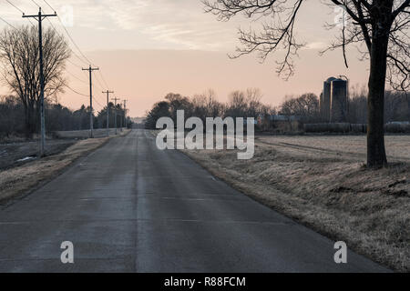 Wisconsin Nebenstraßen mit Milchviehbetrieb und Silos. Stockfoto