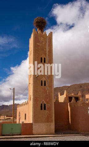 Marokko, Ziz Schlucht, guers Tiallaline, Storchennest auf dem Dorf Moschee Minarett Stockfoto