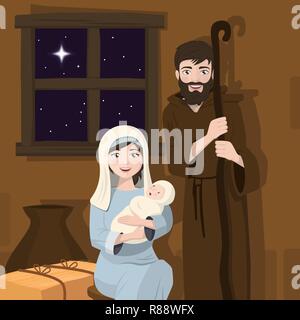 Heilige Familie im Vordergrund. Weihnachten Krippe. Christi Geburt. Vector Illustration Stock Vektor