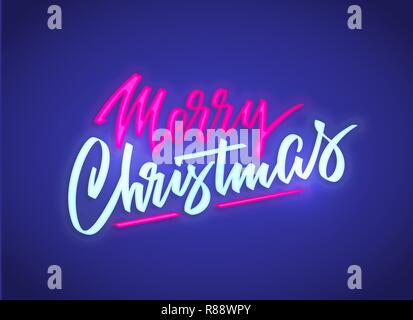 Frohe Weihnachten hand Schriftzug mit Neon-effekt. Vector Illustration. Kann für den Urlaub festliche Design verwendet werden. Stock Vektor