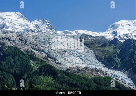 Blick auf den Gletscher des Mont Blanc, aus dem Tal in der Nähe von Chamonix, Frankreich Stockfoto