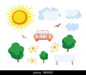 Einstellen der städtischen Infrastruktur Elemente, Auto, Wolken, Sonne Stock Vektor