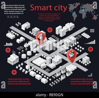 Smart City isometrische Infografiken mit Wolkenkratzern, Gebäuden und Straßen. Konzept der Stadtentwicklung und Statistik in Grafiken Stock Vektor