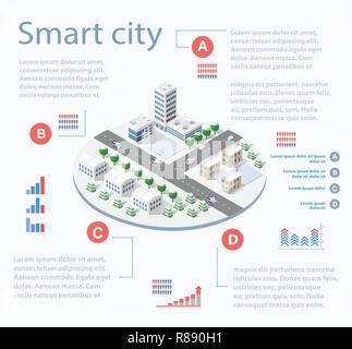 Smart City isometrische Infografiken mit Wolkenkratzern, Gebäuden und Straßen. Konzept der Stadtentwicklung und Statistik in Grafiken Stock Vektor