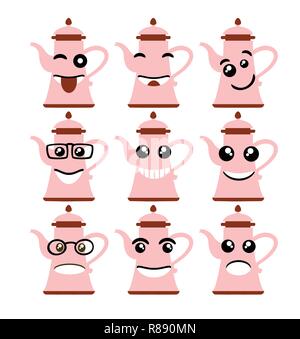 Emoji emoticon Ausdruck Symbole in Küche Kaffeekanne Gesicht Symbole Grafiken Stock Vektor