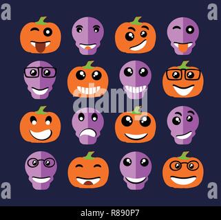 Emoji emoticon Ausdruck Symbole in style Halloween Totenkopf Kürbis Gesicht Symbole Grafiken Stock Vektor