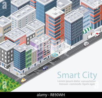 Smart City isometrische Urban konzeptionelle Stadt Abbildung, Häuser, Straßen und Gebäuden Stock Vektor