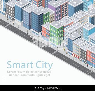 Smart City isometrische Urban konzeptionelle Stadt Abbildung, Häuser, Straßen und Gebäuden Stock Vektor