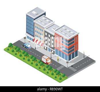 Urban isometrische Gegend der Stadt Infrastruktur mit Verkehr, Straßen, Häuser Stock Vektor