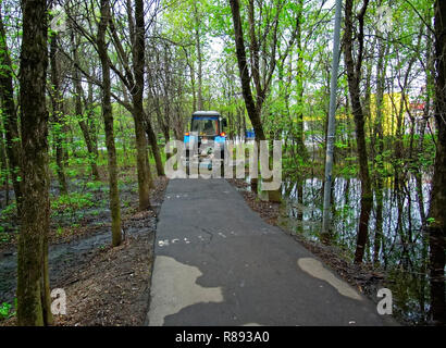 Traktor reinigt die Straße in den Wald im Frühling, Moskau Stockfoto