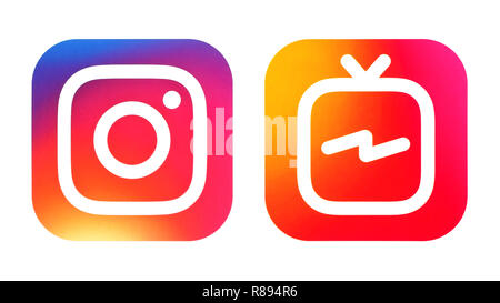 Kiew, Ukraine - Juli 07, 2018: Instagram Symbol und Instagram IGTV Symbol auf weißem Papier gedruckt Stockfoto