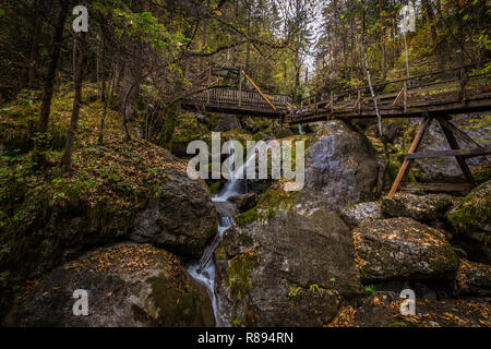 Cascade Falls über bemoosten Felsen mit hölzernen Brücke über den Wasserfall in den bunten Herbst Wald am Myrafalle, in der Nähe von Muggendorf in Niederösterreich Stockfoto