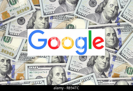 Kiew, Ukraine - September 07, 2018: Google Logo auf Papier gedruckt und auf Geld Hintergrund. Google ist ein amerikanisches Unternehmen. Stockfoto