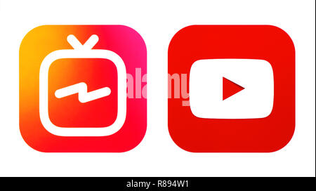 Kiew, Ukraine - September 07, 2018: Instagram IGTV und Youtube Symbole auf weißem Papier gedruckt. IGTV ist neu eine Instagram's Video App. Stockfoto