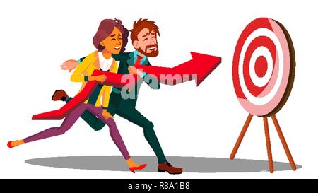 Teamwork Vektor. Ausführen von Kaufmann und Frau mit einem Pfeil und stürzen Sie in Ziel. Abbildung: Stock Vektor