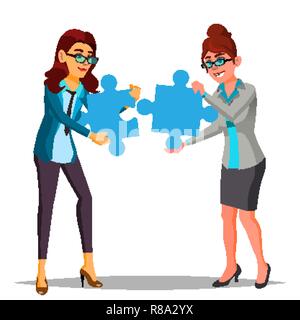 Partnerschaft Vektor. Zwei Business Woman Holding in den Händen von zwei großen Puzzles und setzen Sie zusammen. Abbildung: Stock Vektor