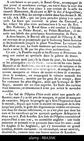 Carnaval de Paris 1818, Boeuf Gras, Bal de l'Opéra, Promenade de Masken - Journal des Débats - 4 février 1818 - Seite 1 - 2 ème Colonne. Stockfoto