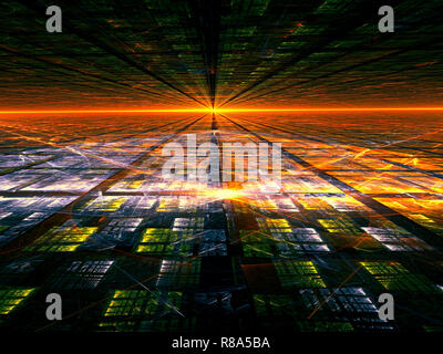 Perspektive Hintergrund-abstrakten Computergenerierte 3d-Abbildung in der Technologie. Digitale Kunst: Grün und Orange Netz. Hintergrund für Tech, sci f Stockfoto