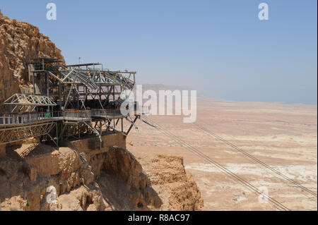 Touring Masada Felsplateau mit ruiniert Paläste der brutalen König Herodes in der Wüste Juda in Israel erinnern Massenselbstmord von Juden kämpfen mit den Römern. Stockfoto