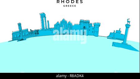 Rhodos Griechenland Panorama. Handgezeichneten Vector Illustration. Berühmte Reiseziele Serie. Stock Vektor