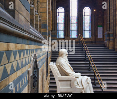 Lebensgroße Marmor 1885 Statue von Charles Darwin von Sir Joseph Boehm, Natural History Museum, Kensington, London, England Stockfoto