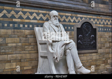 Lebensgroße Marmor 1885 Statue von Charles Darwin von Sir Joseph Boehm, Natural History Museum, Kensington, London, England Stockfoto