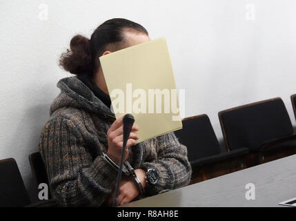 Stuttgart, Deutschland. 14 Dez, 2018. Der Beklagte hält Papier vor seinem Gesicht vor Beginn des Versuches im Gerichtssaal des Oberlandesgerichts. Er wird deutlich in die Entführung eines UN-Mitarbeiter in Syrien im Jahr 2013 beteiligt haben. (Dpa' Entführung von UN-Mitarbeiter - Flüchtling droht härtere Strafe" vom 14.12.2018): Simon Sachseder/dpa/Alamy leben Nachrichten Stockfoto