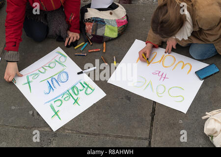 Berlin, Deutschland. 14 Dez, 2018. Studierende in der Innenstadt unter dem Motto "Zukunft zeigen ohne Klima Chaos" und malen Plakate mit der Aufschrift "die Welt" und "Schutz unseres Planeten". Credit: Peter Kneffel/dpa/Alamy leben Nachrichten Stockfoto