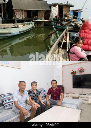 (181214) - Peking, Dez. 14, 2018 (Xinhua) - Der obere Teil dieser Combo Foto zeigt Wang Guibao's Familie verwendet in einem behelfsmäßigen Wohnung auf einem Fischerboot in der Honghu See in der Provinz Hubei in Zentralchina zu leben. Im unteren Teil der Combo Foto von Xiong Qi im Jahr 2018 zeigt die 41-jährige Wang Guibao (R) für ein Foto mit seinen Eltern in Ihrer neuen Wohnung in Stadt Honghu posieren. Wang Guibao und seine Familie kaufte eine 113 Quadratmeter große Wohnung mit der finanziellen Hilfe von der lokalen Regierung. (Xinhua) (ly) Stockfoto