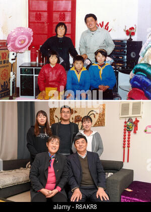 (181214) - Peking, Dez. 14, 2018 (Xinhua) - Der obere Teil dieser Combo Foto 1992 zeigt die 35-jährige Wei Shiping (hinten, R) posieren für ein Gruppenfoto mit seiner Frau und seinen Kindern im Hause seiner frisch verheirateten Bruder in Yandun Stadt Hefei City, Hauptstadt der ostchinesischen Provinz Anhui. Im unteren Teil der Combo Foto von Zhang Duan zeigt die 61-jährige Wei Shiping, seine Frau und seine Kinder für ein Foto in seinem Haus in Hefei City, Nov. 14, 2018 posieren. Wei Shiping, der jetzt in den Ruhestand ist, reist häufig und tritt in Parteien mit seinen Freunden. (Xinhua) (ly) Stockfoto