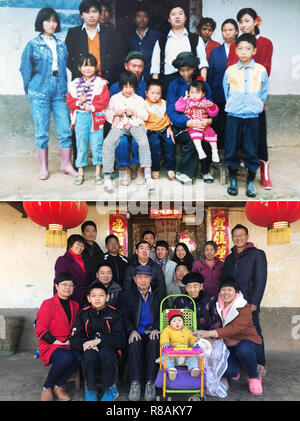 (181214) - Peking, Dez. 14, 2018 (Xinhua) - Der obere Teil dieser Combo Foto am Okt. 2, 1993 zeigt zwei-jährige Liu Yunhan (2. R, von ihrer Großmutter) und ihre Familie für ein Gruppenfoto in Guoyuan Dorf im Südwesten Chinas Provinz Sichuan posieren. Im unteren Teil der Combo Foto von Jiang Hongjing am 13.02.17, 2018 zeigt Liu Yunhan (3. R hinten) mit Ihrer Familie vor Ihrem Haus stellen. Liu arbeitet jetzt als Beamter. (Xinhua) (wyl) Stockfoto