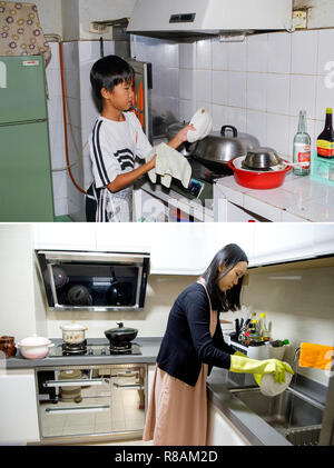 (181214) - Peking, Dez. 14, 2018 (Xinhua) - Der obere Teil dieser Combo Foto von Tang Shouxin am Aug 6, 1999 zeigt neun Jahre alten Tang bezirksfreien Abwasch zu Hause in Chang'an Stadt Dongguan, Provinz Guangdong im Süden Chinas. Sie lebte in einer Wohnung, die durch die Arbeit ihres Vaters Einheit zugeteilt. Im unteren Teil der Combo Foto von Liu Dawei an November 1, 2018 zeigt 28-jährige Tang bezirksfreien Geschirrspülen bei handelbaren Wohnhaus seiner Eltern. Tang BEZIRKSFREIEN ist jetzt ein Anwalt. (Xinhua) (ly) Stockfoto
