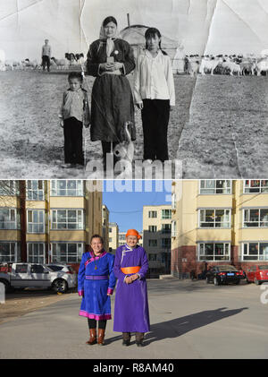 (181214) - Peking, Dez. 14, 2018 (Xinhua) - Der obere Teil dieser Combo Foto zeigt Duguimaa (C) und ihre Tochter Chagaanchuluu (L) für ein Gruppenfoto vor der mongolischen Jurte am Siziwang Banner, North China Autonome Region Innere Mongolei posieren. Zu dieser Zeit, Duguimaa und ihre Familie Mitglieder waren verantwortlich für die Hunderte von Schafen für lokale ländliche Produktion Team. Ohne Löhne, die Familie lebte auf Alloziertes Coupons, kaum genug für Reis und Weizen Mehl. Im unteren Teil der Combo Foto von Zou Yu 2018 zeigt 76-jährige Duguimaa (R) und ihre Tochter Chagaanchu Stockfoto