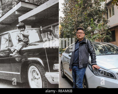 (181214) - Peking, Dez. 14, 2018 (Xinhua) - Der linke Teil dieser Combo Foto 1983 zeigt vier-jährige Dong Jia sitzt auf einem Auto vorübergehend parken in der Gemeinschaft, die er in Chongqing lebte, im Südwesten von China. Der rechte Teil der Combo Foto von Liu Chan an November 28, 2018 zeigt 39-jährige Dong Jia für ein Foto mit seinem eigenen Auto posiert. Dong, der jetzt einer Firma Abteilung Direktor, sagte, daß er in eine größere Wohnung, und sie hatten leben Umwelt als verglichen mit der Vergangenheit verbessert. (Xinhua) (wyl) Stockfoto