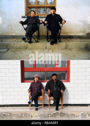 (181214) - Peking, Dez. 14, 2018 (Xinhua) - Der obere Teil dieser Combo Foto zeigt die 61-jährige Wang Yucan (R) und seine Frau Wei Xiulan für ein Foto vor Ihren adobe Haus in Doujiazhuang Dorf im Nordwesten der chinesischen Provinz Gansu im Jahr 2005 darstellen. Ihr Haus wurde in 1960 gebaut. Im unteren Teil der Combo Foto von Ventilator Peishen an November 29, 2018 zeigt die 74-jährige Wang Yucan und seine Frau Wei Xiulan posieren für ein Foto vor ihren Ziegelsteinhaus, Baujahr 2010 mit der Hilfe der Regierung. (Xinhua) (wyl) Stockfoto