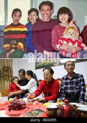 (181214) - Peking, Dez. 14, 2018 (Xinhua) - Der obere Teil dieser Combo Foto 1992 zeigt 40-jährige Chen Yufang (2 L) und ihre Familie zu Hause in Fushun, Provinz Liaoning im Nordosten Chinas. Zu dieser Zeit, Chen yufang's Apartment, das sich über die bergschäden gelegen war, hatte Risse in den Wänden und zerbrochene Fenster. Im unteren Teil der Combo Foto von Yang Qing, Sept. 28, 2018 zeigt 66-jährige Chen Yufang (2. R) und ihre Familie in das neue Haus in Fushun. Chen und zog ihre Familie, die aus der ehemaligen verfallenen Wohnung bis in die Gegenwart. (Xinhua) Stockfoto