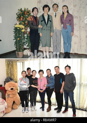 (181214) - Peking, Dez. 14, 2018 (Xinhua) - Der obere Teil dieser Combo Foto 1988 zeigt Ouyang Yunqian (1. L) für ein Gruppenfoto zu Hause mit ihrer Mutter, Vater und Schwester im Viertel Luohu Shenzhen, South China Guangdong Provinz posiert. Sie zog nach Shenzhen mit ihrer Mutter mit ihrem Vater in 1988 wieder zu vereinen. Sie lebten in einer Wohnung, die durch die Einheit des Vaters. Im unteren Teil der Combo Foto von Mao Siqian am Dez. 1, 2018 zeigt eine neue Familie Foto von Ouyang Yunqian in Shenzhen. Ouyang und ihr Mann gekauft haben, haben ihre eigene Wohnung von etwa 100 Quadratmetern Stockfoto