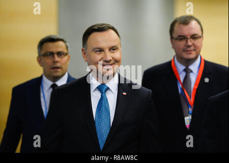 Andrzej Duda, Präsident von Polen beobachtet, als er in den Medien während der COP 24 UN-Klimakonferenz 2018. Stockfoto