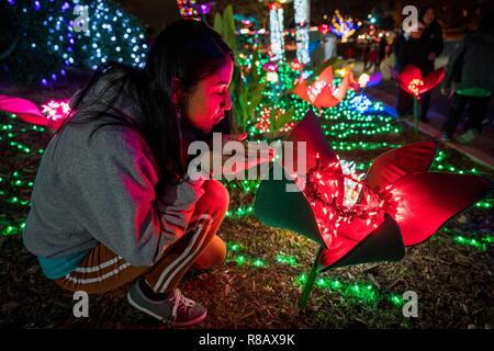 Los Angeles, USA. 14 Dez, 2018. Ein Mädchen views bunte Lichter während der Weihnachten-themed Light Show in Los Angeles, USA, Dez. 14, 2018. Credit: Qian Weizhong/Xinhua/Alamy leben Nachrichten Stockfoto