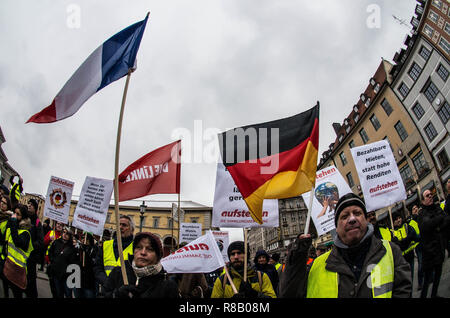 München, Bayern, Deutschland. 15 Dez, 2018. Demonstranten in gelben Westen Kundgebung in München, Deutschland wave Französische und deutsche Fahnen zusammen. In einem Versuch, die revolutionäre Gilets Jaunes Bewegung aus Frankreich nach Deutschland bringen, die 'Aufstehen'' Gruppe ('Stand Up'') eine gelbe Weste Demonstration organisiert am Münchner Max Joseph Platz Reformen zu verlangen, dass sie die Vermietung Krise, Mangel an Wohnraum, Privatisierung zu lösen und andere Probleme in der Stadt. Etwa 60 besucht. In den vergangenen Wochen, Rechtsextremisten und Neonazis Selbstschutztruppen wurden als demonstrieren, wie die Gelbe Ves Credit: ZUM dokumentiert Stockfoto