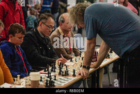 London UK vom 15. Dezember 2018 British Chess Grandmaster Jon Speelman, die eine gleichzeitige Anzeige über 20 Boards an der London Chess Classic in London Olympia 2018 Credit statt: Paul Quezada-Neiman/Alamy leben Nachrichten Stockfoto